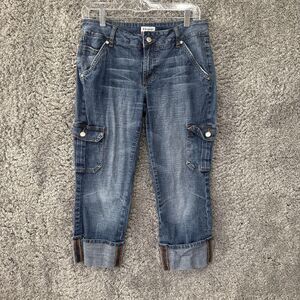 Vtg Y2K No Boundaries Cargo Denim Capri Jeans Cuffed Cropped Size 11 Low Rise